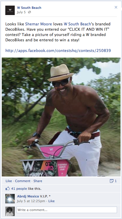 W Facebook post featuring My Photos of Shemar Moore for the W South Beach